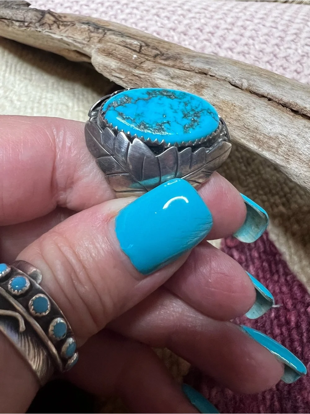 VTG Navajo Sterling Silver Turquoise Leaf Ring 10.5 Signed CY 25g